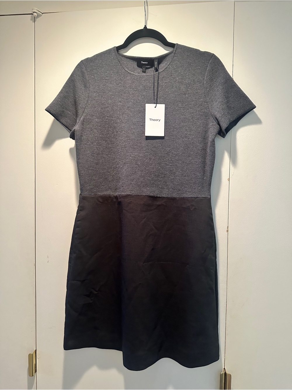 Theory Gray and Black Short Sleeve Midi Dress with Pockets